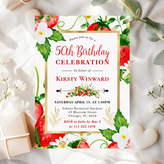Invitación Fresas y Flores en Acuarela Cumpleaños 50 (Subido por el creador)