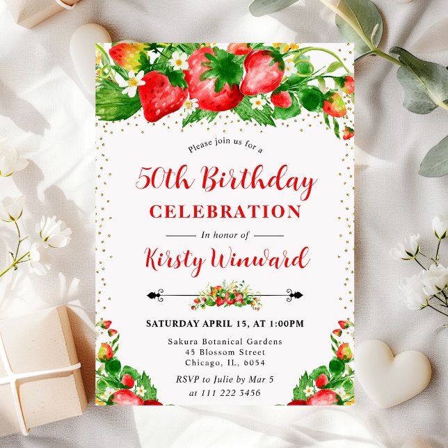 Invitación Fresas y flores en acuarela Cumpleaños 50 (Subido por el creador)