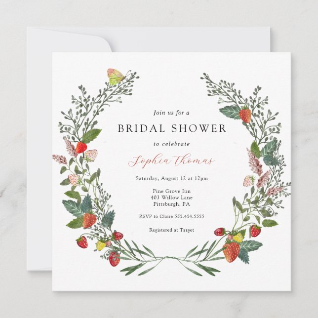 Invitación Fresas y flores silvestres Ducha de novias (Anverso)