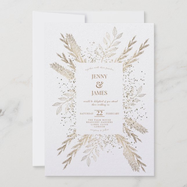 Invitación fresca de fondo blanco Gilded Meadow. (Anverso)