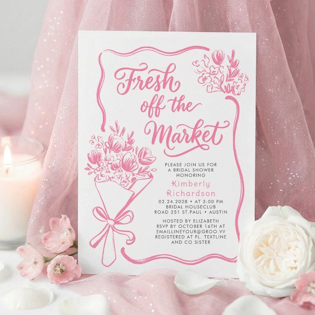 Invitación Fresca Salida al Mercado Divertido Bridal Shower D (Fresh Off The Market Pink Whimsical Hand Drawn Flowers Bouquet Bridal Shower Invitations)