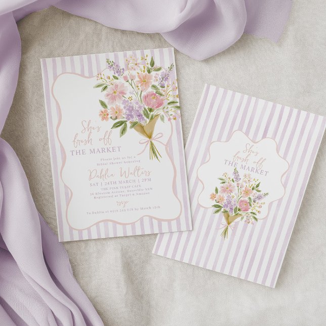 Invitación Fresca Salida del Mercado Despedida de Soltera Flo (Fresh off the market! Purple floral bridal shower invitation)