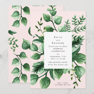 Invitación Fresca vegetación Lastima Boda blanco y rosado mod