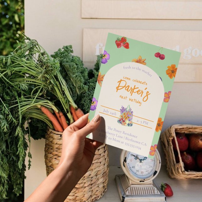 Invitación Fresco al mercado Primer tema del cumpleaños - Flo (Celebrate your little one’s first birthday with a fresh and vibrant theme!)