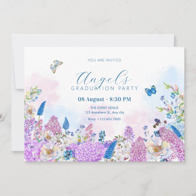 Invitación Fresco azul violeta Floral verano graduación de la (Anverso)