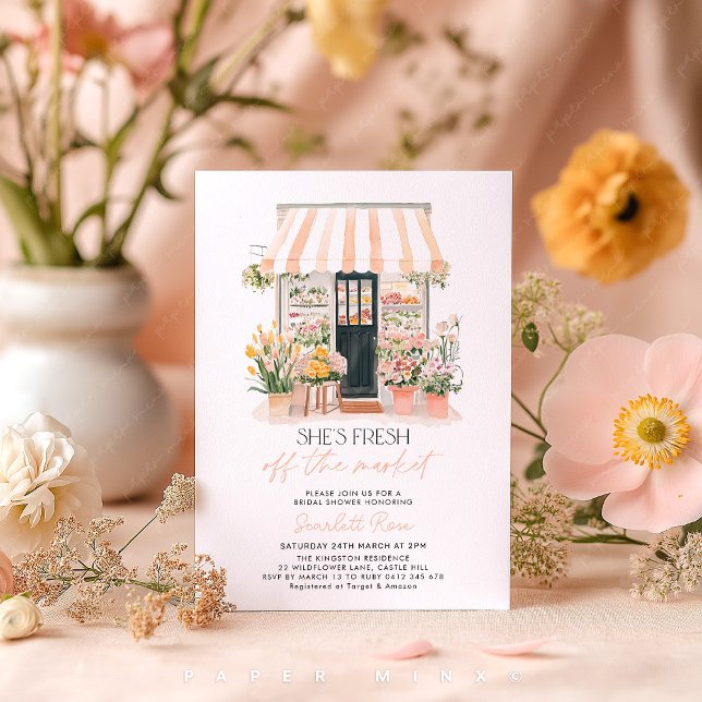 Invitación Fresco de la ducha de novias en el mercado de los  (She's off the Market! Flower Shop Farmer's Market Bridal Shower Invitation Peach and Pink Flowers)