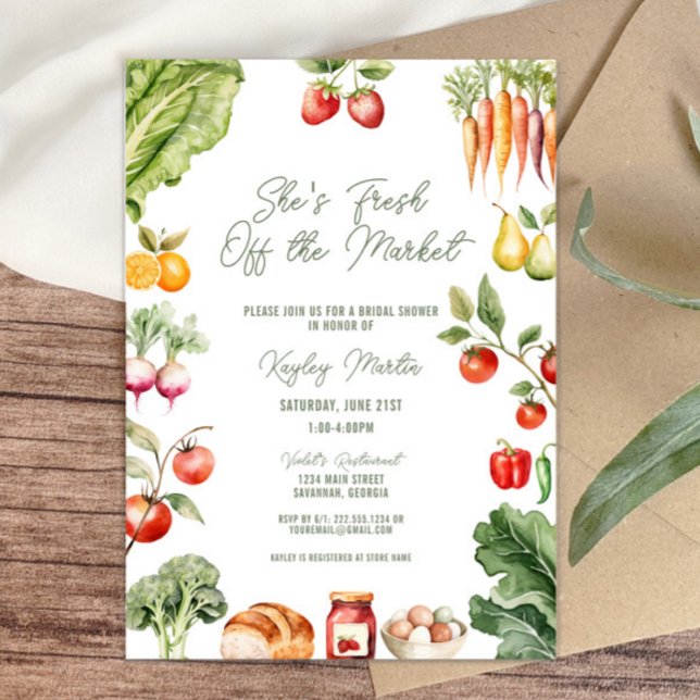 Invitación Fresco de la ducha de novias en el mercado de los  (She’s fresh off the market! rustic farmer’s market bridal shower invitation, vegetables, fruits)