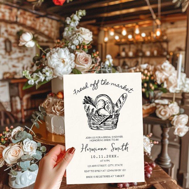 Invitación Fresco de la ducha de novias extraída por la mano  (Fresh off the market bridal shower invitation)