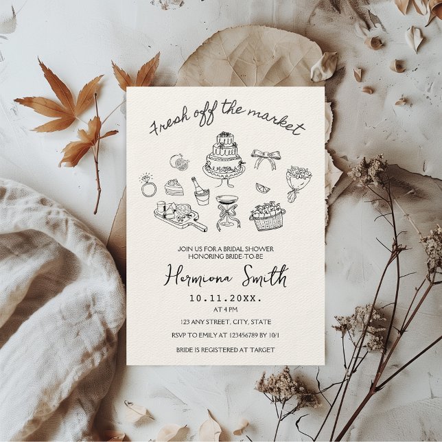 Invitación Fresco de la ducha de novias extraída por la mano  (Fresh off the market bridal shower hand drawn invitation)