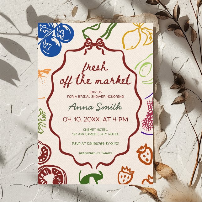 Invitación Fresco De La Ducha Marítima Estética De La Granja  (Fresh Off the Market Bridal Shower Invitation Hand-drawn Fruits Vegetables Farmer's Market )