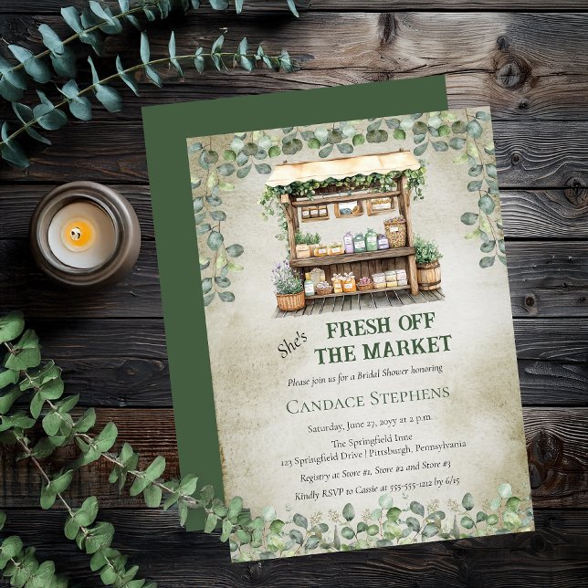 Invitación Fresco De La Granja De Mercado Stand Bridal Shower ("She's Fresh Off The Market" Farm Stand and Eucalyptus Floral Rustic Farm Stand Bridal Shower Invite)