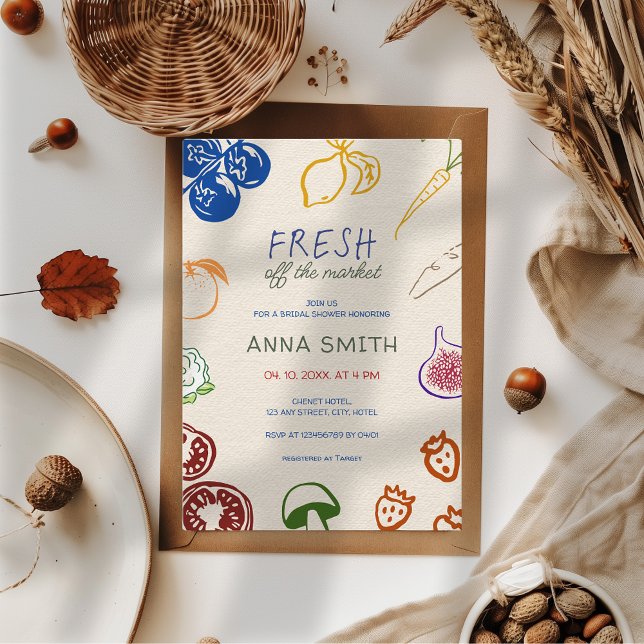 Invitación Fresco De La Mano Del Mercado Daba Ducha De Novias (Fresh off the market hand drawn bridal shower invitation colorful farmer's market cute aesthetic)
