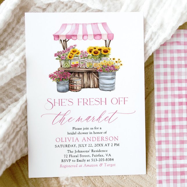 Invitación Fresco Del Mercado De Los Agricultores De La Ducha (Modern Watercolor Pink Gingham Fresh Off The Market Farmers Market Bridal Shower Invitation)