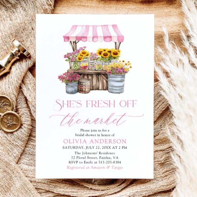Invitación Fresco Del Mercado De Los Agricultores De La Ducha (Modern Watercolor Pink Gingham Fresh Off The Market Farmers Market Bridal Shower Invitation)