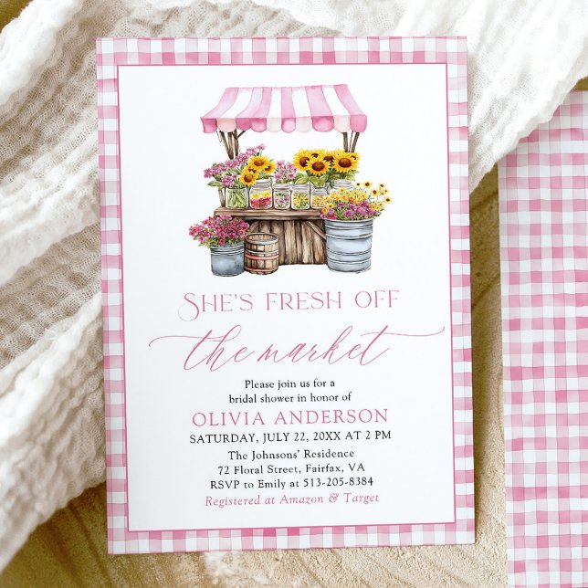 Invitación Fresco Del Mercado De Los Agricultores De La Ducha (Modern Watercolor Pink Gingham Fresh Off The Market Farmers Market Bridal Shower Invitation)