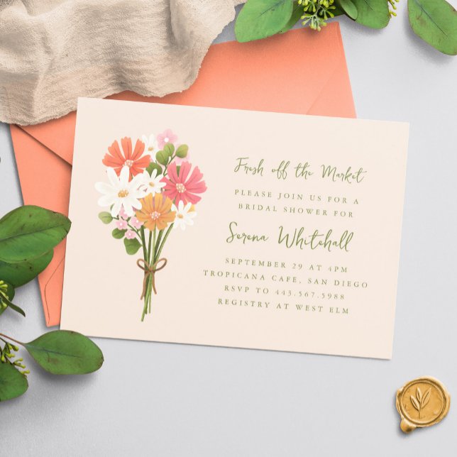 Invitación Fresco Del Mercado Flor Bouquet Bridal Ducha ("Fresh off the Market" bridal shower invitation with bouquet of flowers illustration)