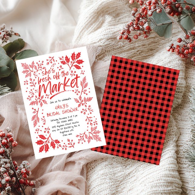 Invitación Fresco del mercado Navidades de Gingham Ducha Brid (Front and back)