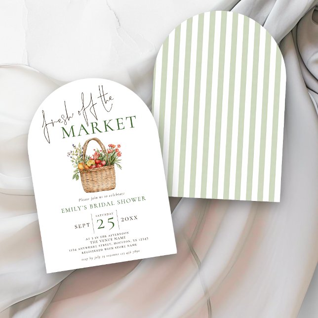 Invitación Fresco del Mercado Sage Rayas Despedida de Soltera (front and back view)