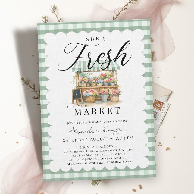 Invitación Fresco del Mercado Té de Despedida de Soltera de C (fresh off the market bridal shower invitation green gingham preppy watercolor stand)