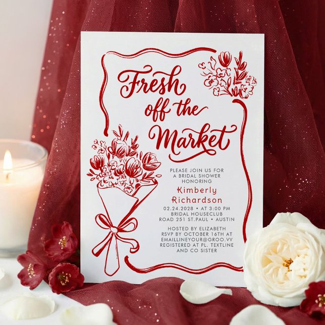 Invitación Fresco en el mercado caprichosa despedida de solte (Fresh Off The Market Burgundy Red Hand Drawn Whimsical Bridal Shower Invitations)