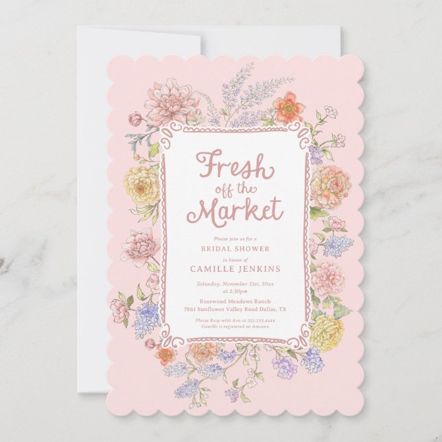 Invitación Fresco en el mercado de la ducha de novia floral r (Anverso)