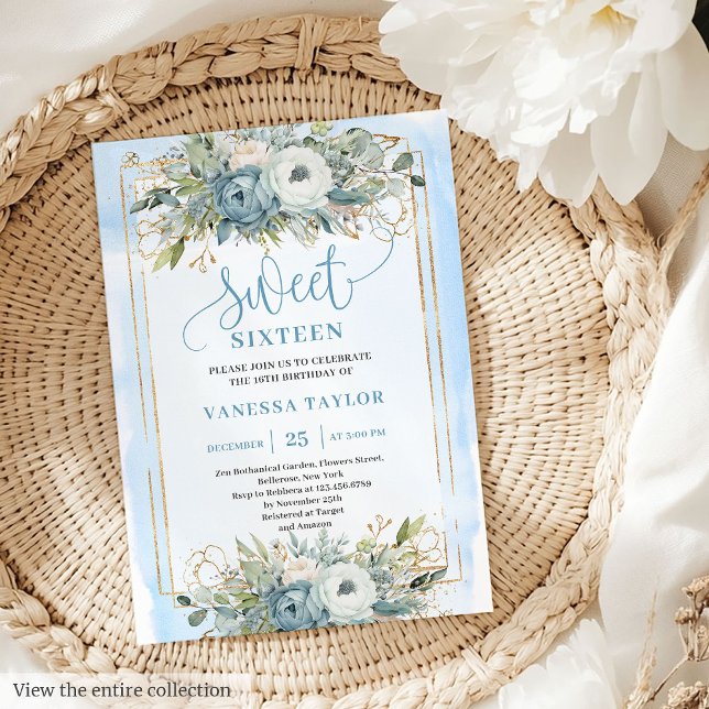 Invitación Fresco Pastel Azul Peonies Blancos Dulces 16 Invit (Radiant Pastel Blue White Peonies Sweet 16 Invitation)
