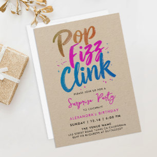 Invitación Fresco Pop Burbuja Tilín Rosa Azul Caligrafía Scri