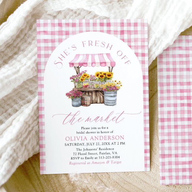 Invitación Fresco Rosa De La Ducha Bridal Del Arco Del Mercad (Watercolor Elegant Pink Fresh Off The Market Farmers Market Arch Bridal Shower Invitation)