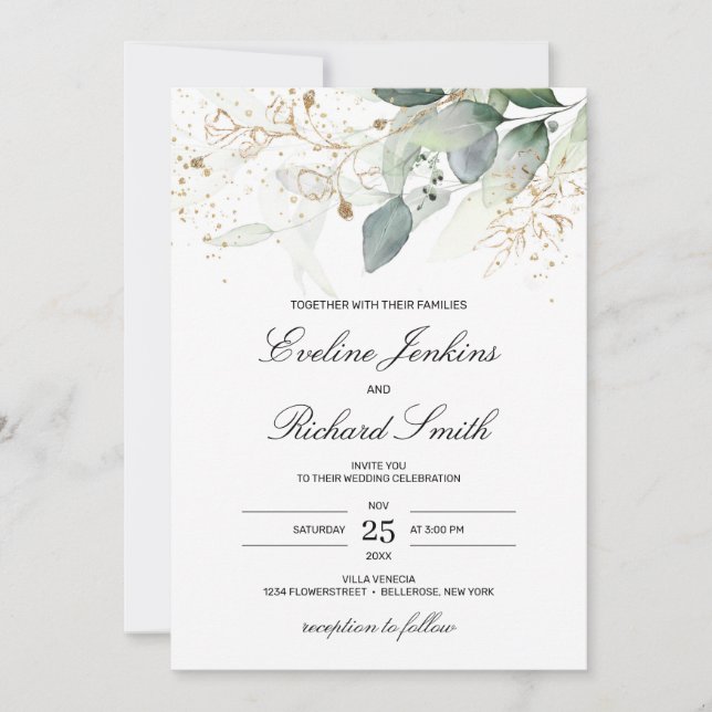 Invitación Fresco verde eucalipto oro salpicado de boda (Anverso)