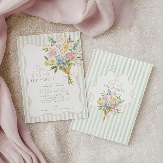 Invitación Frescos del Mercado Desfile Nupcial Flores de Gran (She's fresh off the market! Green stripe floral bouquet bridal shower invitation )