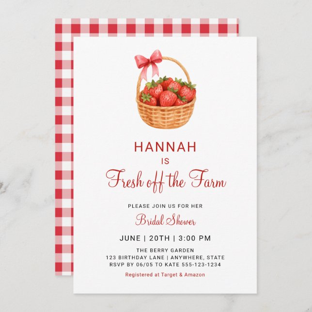 Invitación Fresh Off The Farm Strawberry Bow Bridal Shower (Anverso / Reverso)