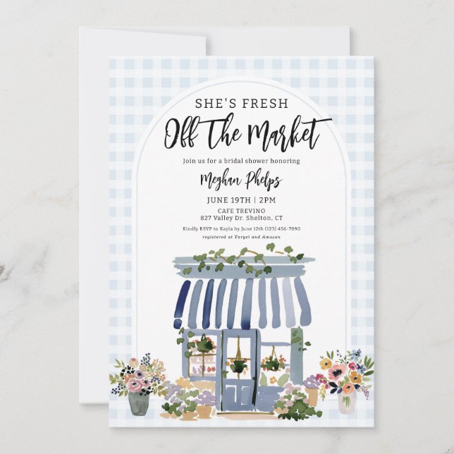 Invitación Fresh Off The Market Blue Floral Bridal Shower (Anverso)