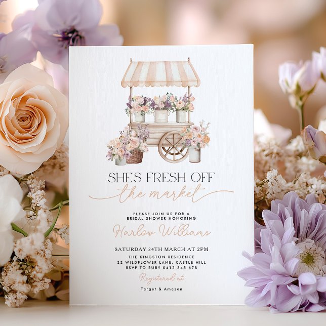 Invitación Fresh off the Market Flower Peach Bridal Shower (She's fresh off the market! Bridal Shower Flower Cart invitation)