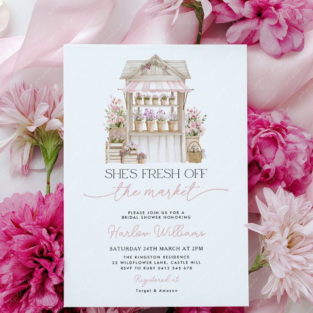 Invitación Fresh off the Market Flower Pink Bridal Shower  (She's fresh off the market! Flower cart Bridal Shower Invitation | Pink Flowers)