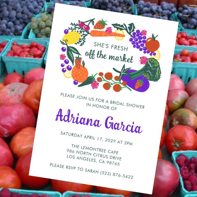 Invitación FRESH OFF THE MARKET Veggies Fruits Bridal Shower (FRESH OFF THE MARKET Veggies Fruits Hand-drawn Cute Bridal Shower Invitation
)