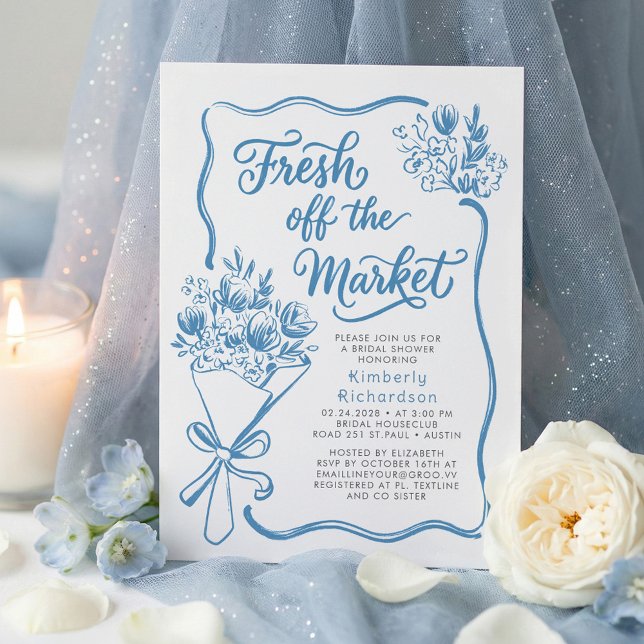 Invitación Fresh Off The Market Whimsical Drawn Bridal Shower (Fresh Off The Market Whimsical Hand Drawn Dusty Blue Bridal Shower Invitation)