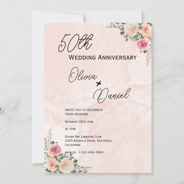 Invitación Fresh Pink Cream Floral Wedding Anniversary  (Anverso)