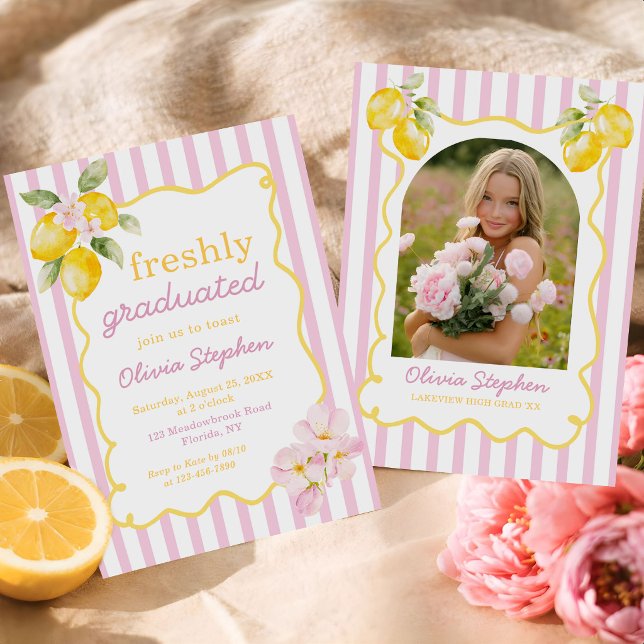 Invitación Freshly Graduated Lemon Pink Stripes Graduation (Subido por el creador)