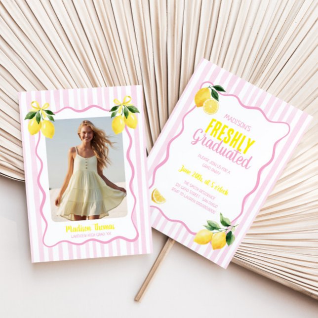 Invitación Freshly Graduated Lemon Pink Stripes Graduation (Subido por el creador)