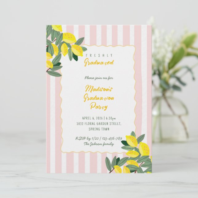 Invitación Freshly Graduated Lemon Stripe Graduation Party (Anverso de pie)