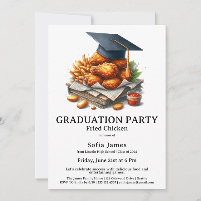 Invitación Fried Chicken Graduation Party Celebration (Anverso)