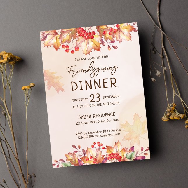 Invitación Friendsgivig Acción de Gracias Fleage (Freindsgiving thanksgiving dinner party template invitation instant download fall watercolor foliage)