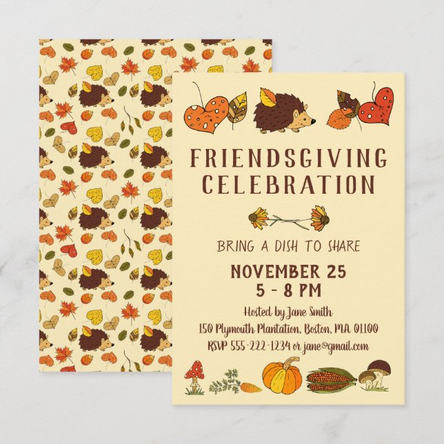 Invitación Friendsgiving Celebration with Hedgehog (Anverso / Reverso)