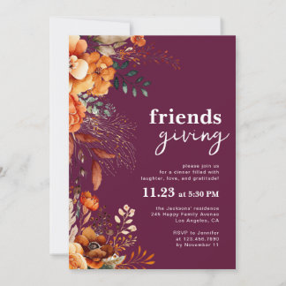 Invitación Friendsgiving dinner classy burgundy floral