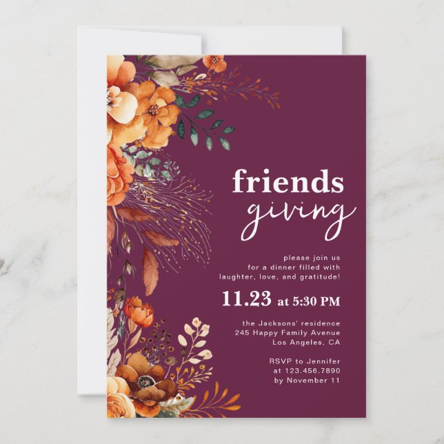 Invitación Friendsgiving dinner classy burgundy floral  (Anverso)