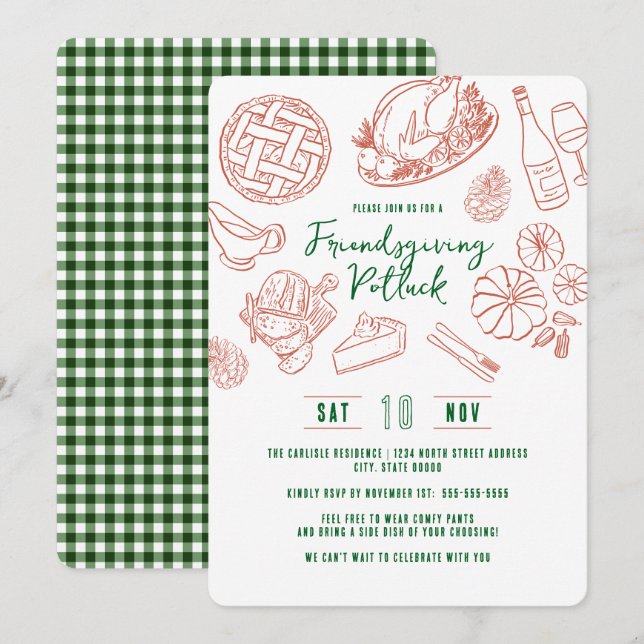 Invitación Friendsgiving Dinner Vintage Rustic Food Gingham (Anverso / Reverso)