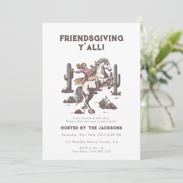 Invitación Friendsgiving Y’all Invitation Retro Cowgirl  (Anverso de pie)