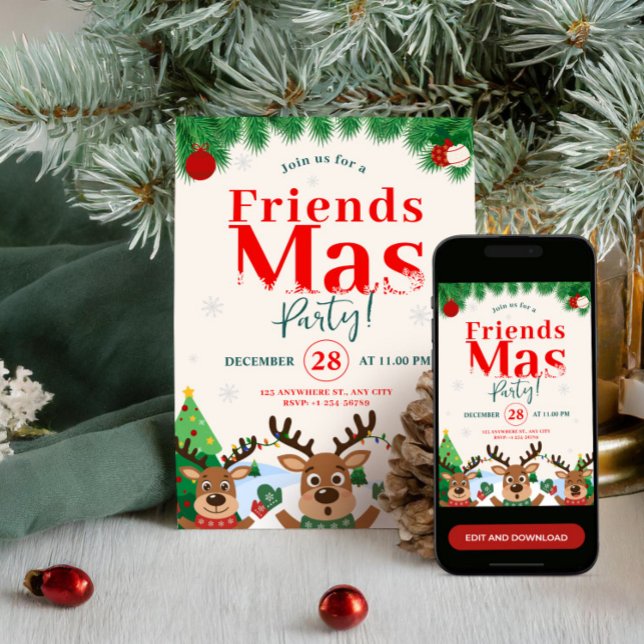 Invitación Friendsmas Christmas Holiday Party Cute Reindeer (Friendsmas Christmas Holiday Party Cute Reindeer Invitation)
