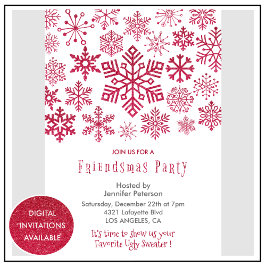 Invitación Friendsmas Navidad Copos de Nieve Rojo