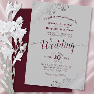 Invitación Frills plateados Boda elegante de Borgoña y Gris